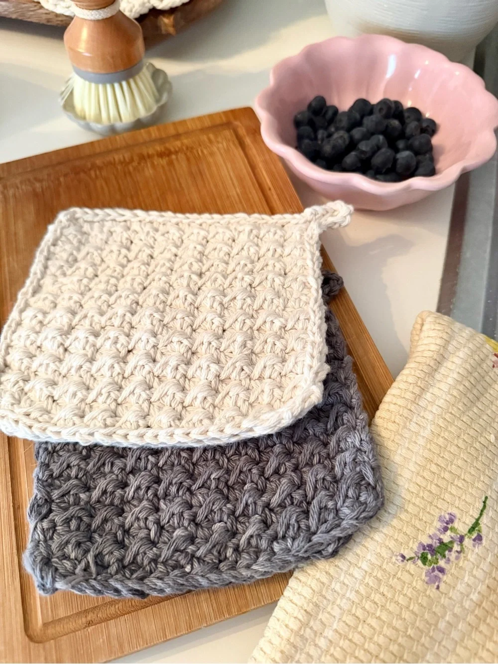 Chunky Crochet Trivets / Potholders - Cream & Grey Set